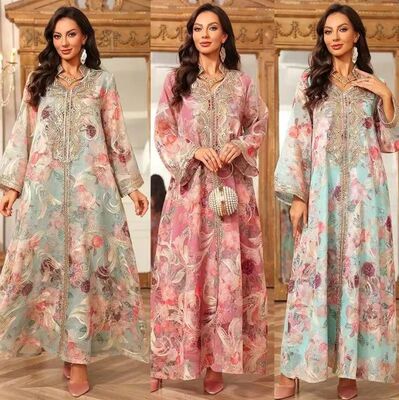 AB501 Middle Eastern Style Dignified Printed Gold Embroidered Abaya Clothing (3 Colors)