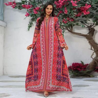 AB535/AB534  Middle Eastern Modest Wear Patchwork Paisley Print Abaya (2 Colors)