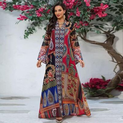 AB532  Middle Eastern Modest Wear Bohemian Patchwork Paisley Print Abaya (Black-Multi)