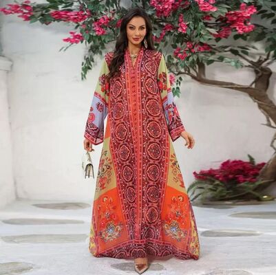 AB531 Middle Eastern Modest Wear Vintage Gradient Paisley Print Abaya (Orange-Green Multi)