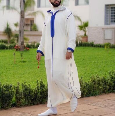 KM004  Middle Eastern Moroccan Style Men's White And Blue Color Blocked Clothing