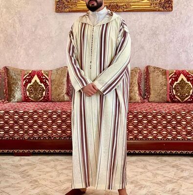 KM004  Middle Eastern Moroccan Style Men's White And Blue Color Blocked Clothing