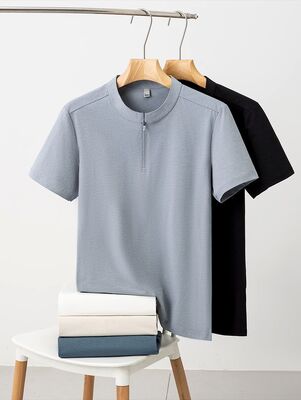 2980 Summer new 175g 100% polyester fiber half zipper men's ice silk short sleeved T-shirt