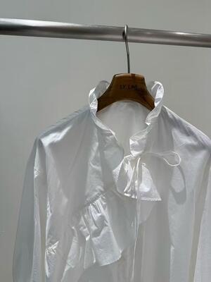 Spring And Summer Thin White Sky Blue 100% Pure Cotton Ruffled French Shirt