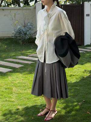 Spring And Summer Thin White Sky Blue 100% Pure Cotton Ruffled French Shirt