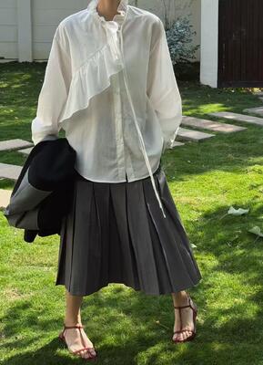 Spring And Summer Thin White Sky Blue 100% Pure Cotton Ruffled French Shirt