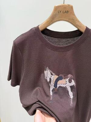 Spring and summer daily 82.3% Tencel 14.5% Wool 3.2% Spandex Black Coffee Cartoon Printed Tencel Wool T-shirt
