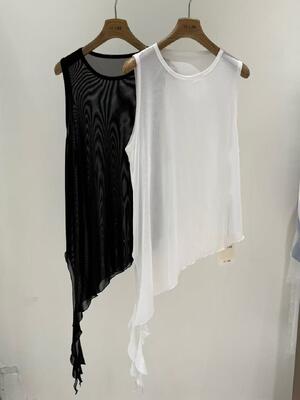 Spring and summer new black and white 100% polyester irregular hem mesh vest