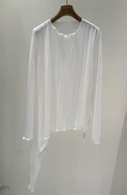 Spring And Summer Hot Item 92% Polyester 8% Linen White Crochet Knit T-shirt With Tassel Hem