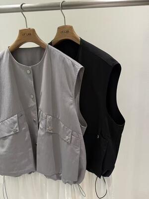 Spring/Summer New 45% Polyester 55% Nylon Grey Black Work Clothes Style Tank Top With Tencel Hem Splicing