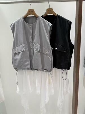 Spring/Summer New 45% Polyester 55% Nylon Grey Black Work Clothes Style Tank Top With Tencel Hem Splicing