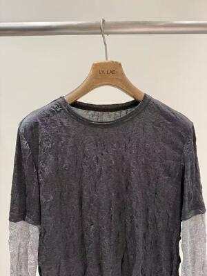 Spring/Summer New Product: 20% Lyocell Fiber, 80% Polyester, Deep Grey And Light Grey Blended Folded Knitted Color Blocked Artificial Two Piece T-shirt