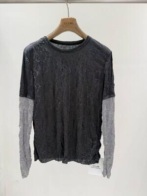 Spring/Summer New Product: 20% Lyocell Fiber, 80% Polyester, Deep Grey And Light Grey Blended Folded Knitted Color Blocked Artificial Two Piece T-shirt