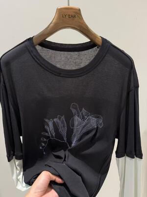 Spring and summer 80% long staple cotton 20% kapok dark gray mixed mint color long staple cotton color blocked artificial two-piece printed T-shirt