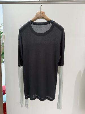 Spring and summer 80% long staple cotton 20% kapok dark gray mixed mint color long staple cotton color blocked artificial two-piece printed T-shirt