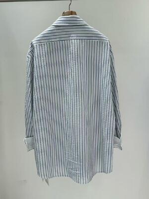 Spring and summer hot casual fashion 100% pure cotton navy blue and white architectural style pleated striped shirt