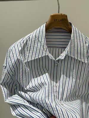 Spring and summer hot casual fashion 100% pure cotton navy blue and white architectural style pleated striped shirt