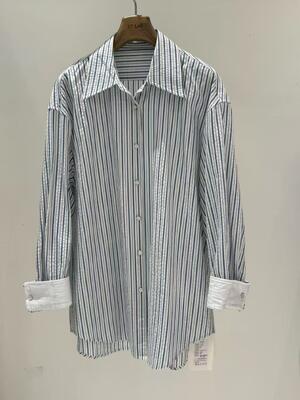 Spring and summer hot casual fashion 100% pure cotton navy blue and white architectural style pleated striped shirt