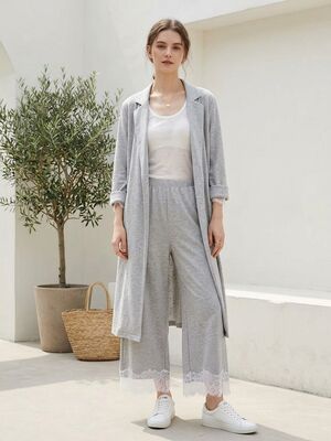 Stylish Lace-Trimmed Hem Knit Trousers, High-Quality Blended Fabric of 40% Lenzing™ Modal, 37% Cotton, 17% Polyester and 6% Spandex, Skin-Friendly Elastic Daily Knit Pants