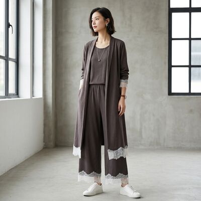 Stylish Lace-Trimmed Hem Knit Trousers, High-Quality Blended Fabric of 40% Lenzing™ Modal, 37% Cotton, 17% Polyester and 6% Spandex, Skin-Friendly Elastic Daily Knit Pants