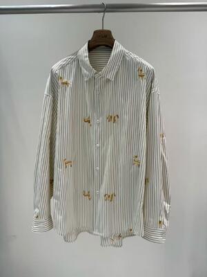 100% pure cotton breathable and moisture absorbing vertical stripe shirt with cute cartoon embroidery casual loose and fashionable women's top