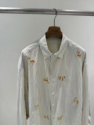 100% pure cotton breathable and moisture absorbing vertical stripe shirt with cute cartoon embroidery casual loose and fashionable women's top