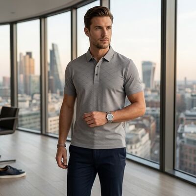 BBH9026  Luxury Embossed CC Pattern Men Polo Shirt 79% Nylon 21% Spandex Soft Stretch Wrinkle Resistant Business Short Sleeve Top