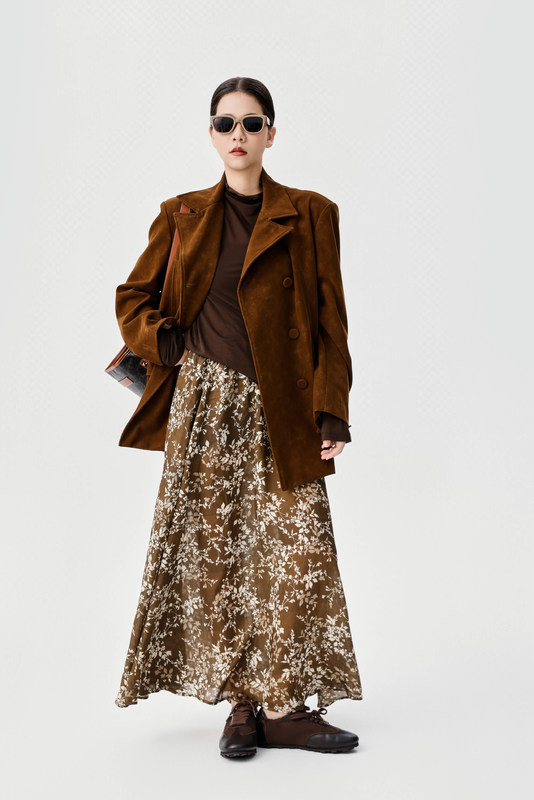 Autumn And Winter New Retro Double Breasted Waist Cinched Pu Jacket French Retro Floral Half Skirt High Waist Slimming Effect Mid Length A-line Skirt