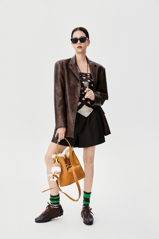 Autumn Style Tie Dye PU Leather Jacket , Dark Brown High Waisted Leather Shorts