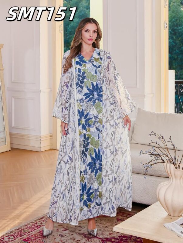 Arab Middle Eastern Style SMT151 Blue Couplet Secret Realm Printed Double Layered Robe