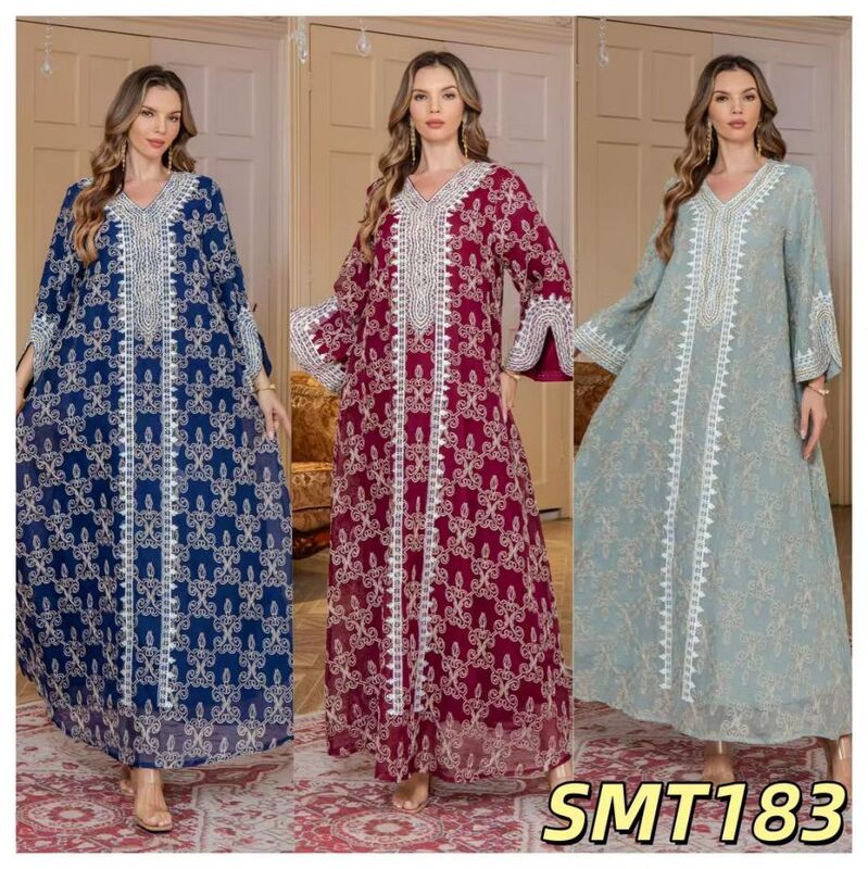 Arab Middle Eastern Style SMT183 Royal Totem Embroidered V-Neck Maxi Robe