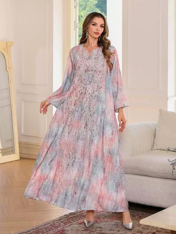 SMT136-A  Middle Eastern Modest Wear Pink-Blue Ombre Sequin Embellished Maxi Robe