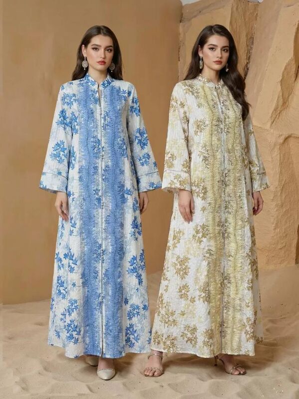 SMT186   Middle Eastern Modest Wear Blue & Gold Floral Textured Zip-Up Maxi Robe