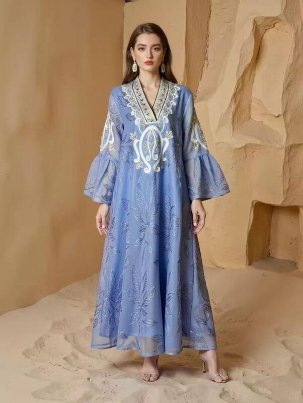 SMT187  Middle Eastern Modest Wear Blue Feather Embroidered Bell Sleeve Maxi Robe