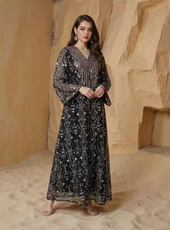 SMT131 Middle Eastern Modest Wear Night Totem Geometric Foil Print Embellished Maxi Robe