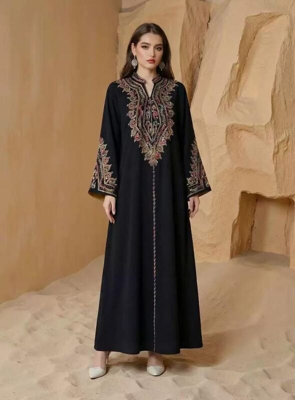 SMT080 Middle Eastern Modest Wear Maxi Abaya with Black & Gold Embellished Neckline in Sizes M-XXL
