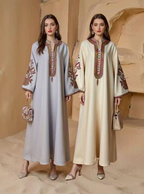 SMT075 Middle Eastern Modest Wear Ethnic Embroidered V-Neck Maxi Abaya