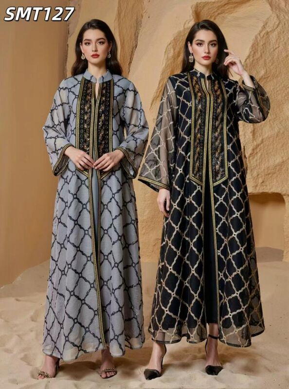 Middle Eastern Modest Wear SMT127/SMT155 Gold Trim Geometric Print Abaya/Shimmering Sheer Robe & Dress Set