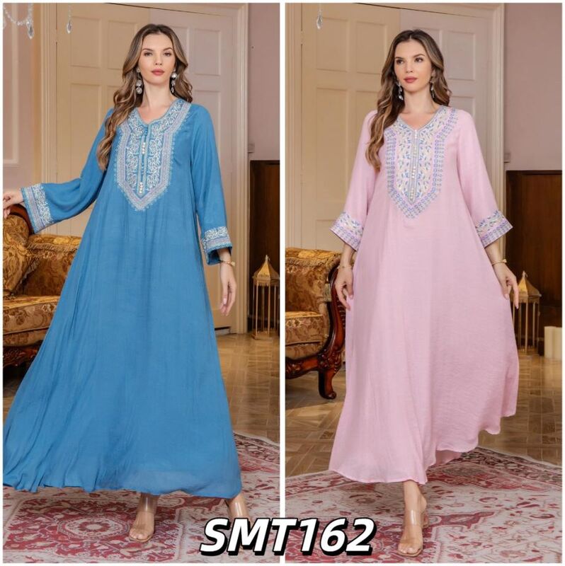 Middle Eastern Modest Wear SMT162/SMT169/SMT185  Embroidered V-Neck Maxi/Silver Beaded Leaf Jacquard /V-Neck Beaded Maxi  Abaya