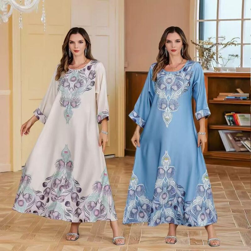 SMT212 Middle Eastern Modest Wear Feather Leaf Print Crew Neck Maxi Abaya