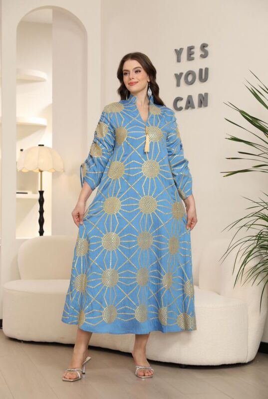 MT446    Middle Eastern Modest Wear Sunburst Print Tassel V-Neck Abaya