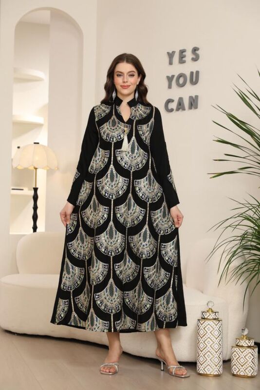 MT399 Middle Eastern Modest Wear Peacock Scale Print Tassel Abaya