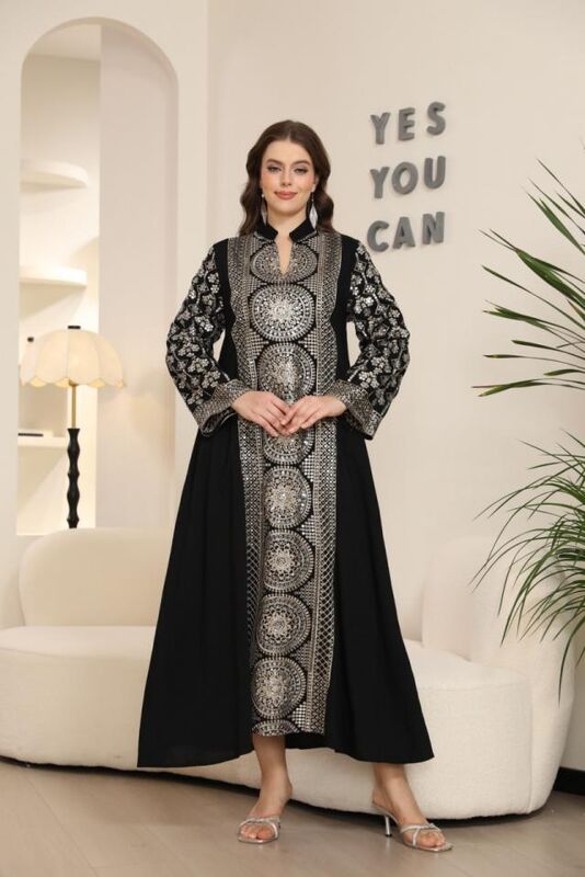 MT397  Middle Eastern Modest Wear Black & Silver Medallion Embroidered Abaya