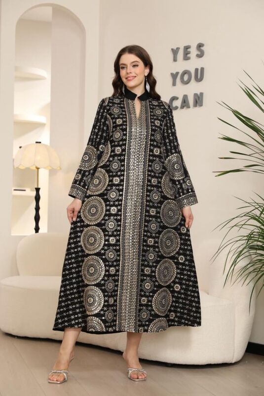 MT393 Middle Eastern Modest Wear Cream & Gold Sequin Cutout Abaya