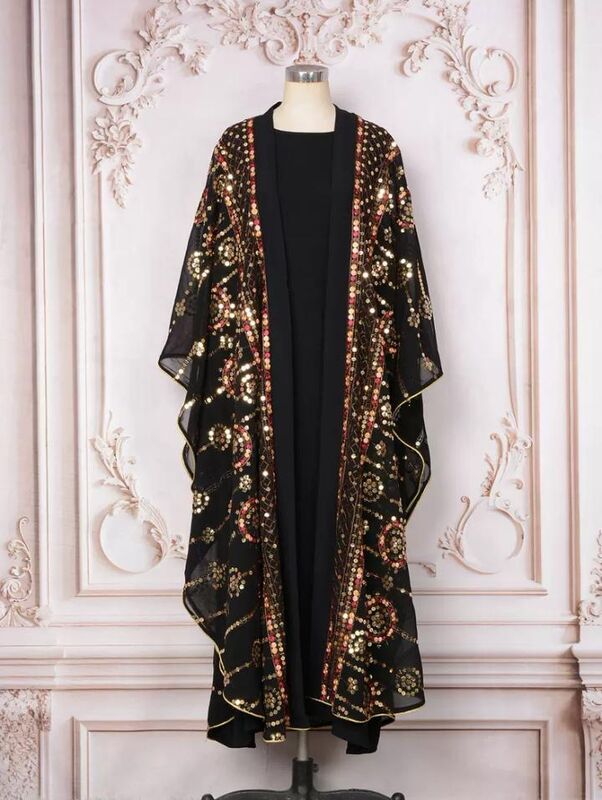 MT403 Middle Eastern Modest Wear Black & Gold Sequin Embellished Kimono Abaya Set