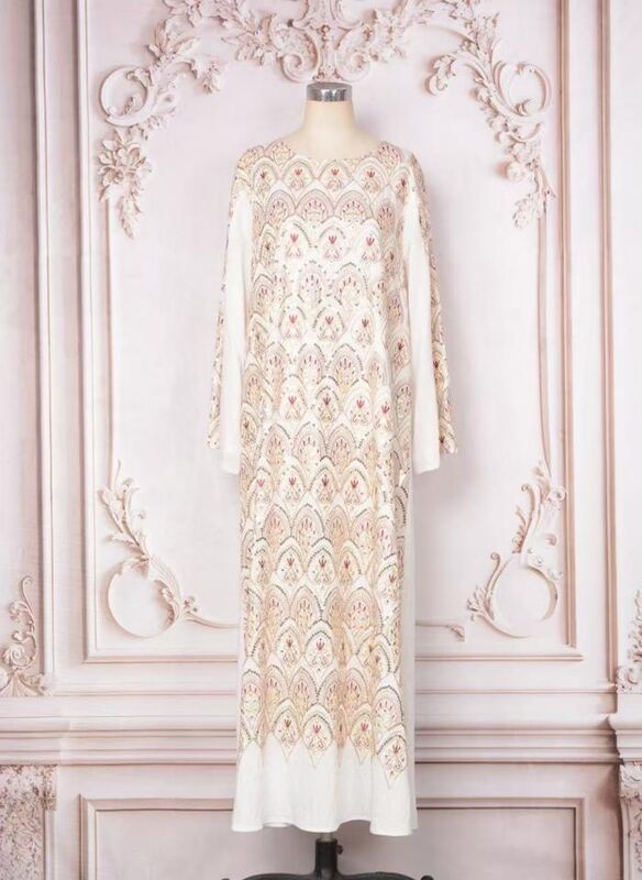 MT402 Middle Eastern Modest Wear Cream Peacock Scale Embroidered Maxi Abaya