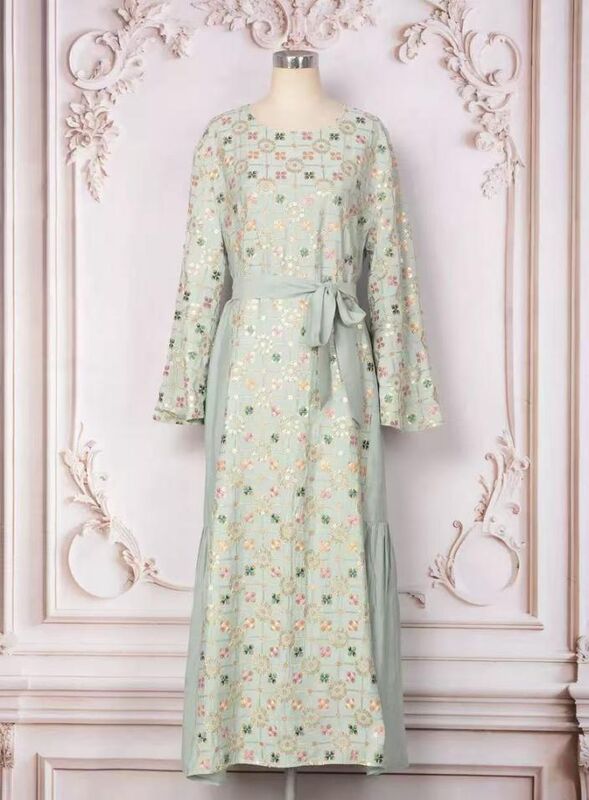 MT377 Middle Eastern Modest Wear Mint Green Floral Sequin Tie-Waist Abaya