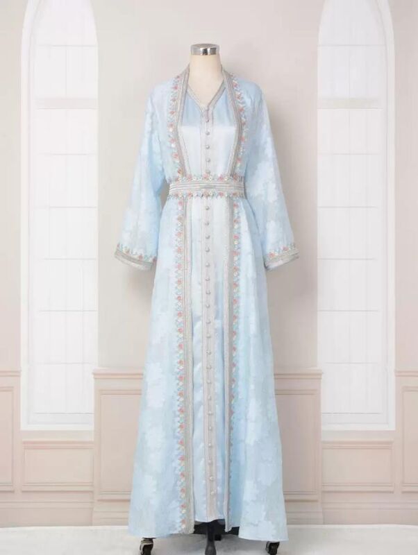 MT073  Middle Eastern Modest Wear Sky Blue Floral Embroidered Button-Front Abaya