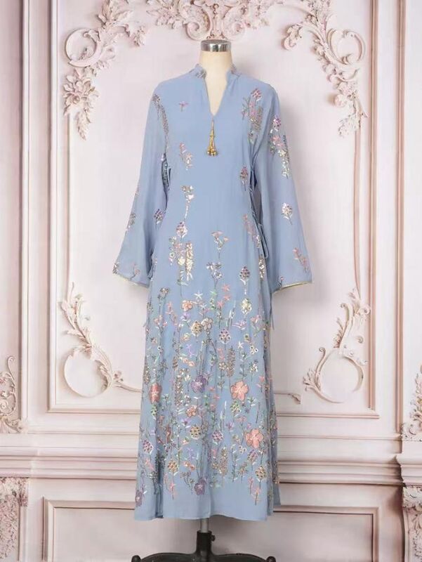MT484 Middle Eastern Modest Wear Dusty Blue Floral Sequin Embroidered Abaya