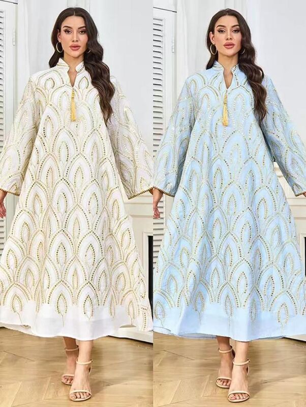 MT461 Middle Eastern Modest Wear Peacock Scale Gold Embellished Tassel Abaya (Dual Colorways)